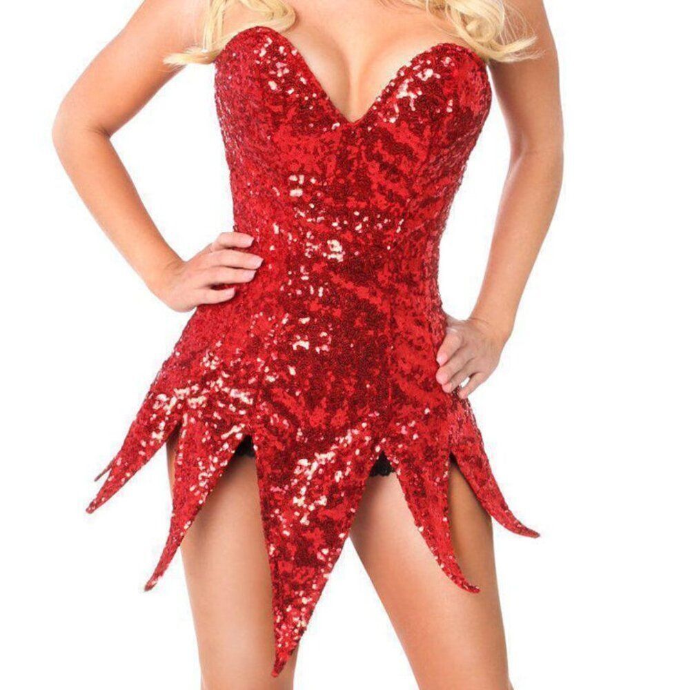 M 25"-28" Top Drawer Red Satin Sequin Mesh Goth Ren Faire Festival Corset Dress